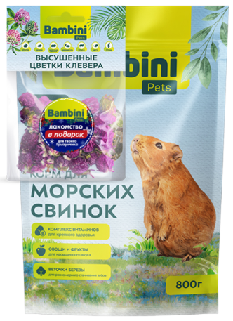 Корм «Bambini Pets» для морских свинок + лакомство «Bambini Pets» цветы клевера в ПОДАРОК