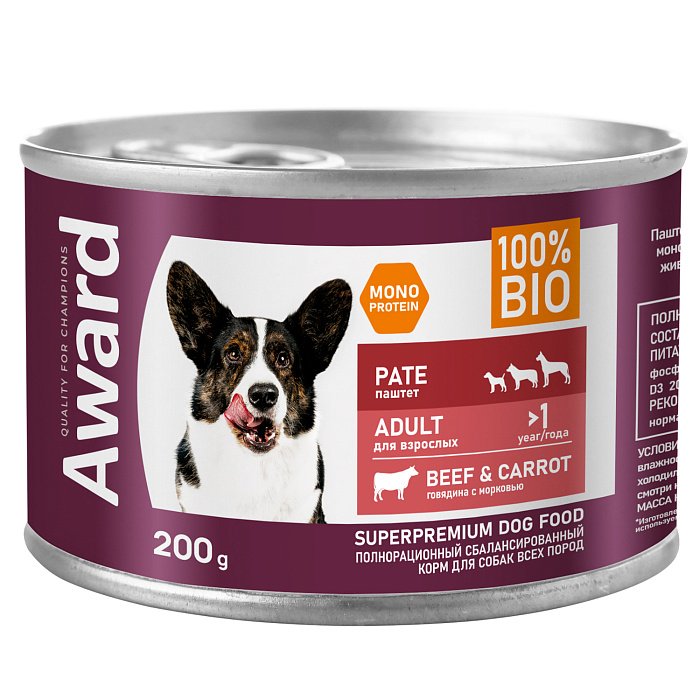 Влажный корм AWARD для взрослых собак паштет из говядины с морковью 200г