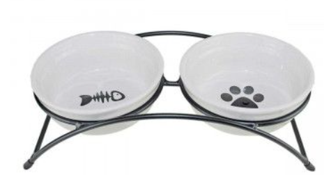 Подставка с керамическими мисками "Лапка и рыбка" (2х0,31 л.) (10702070/190923/3384866, КИТАЙ )