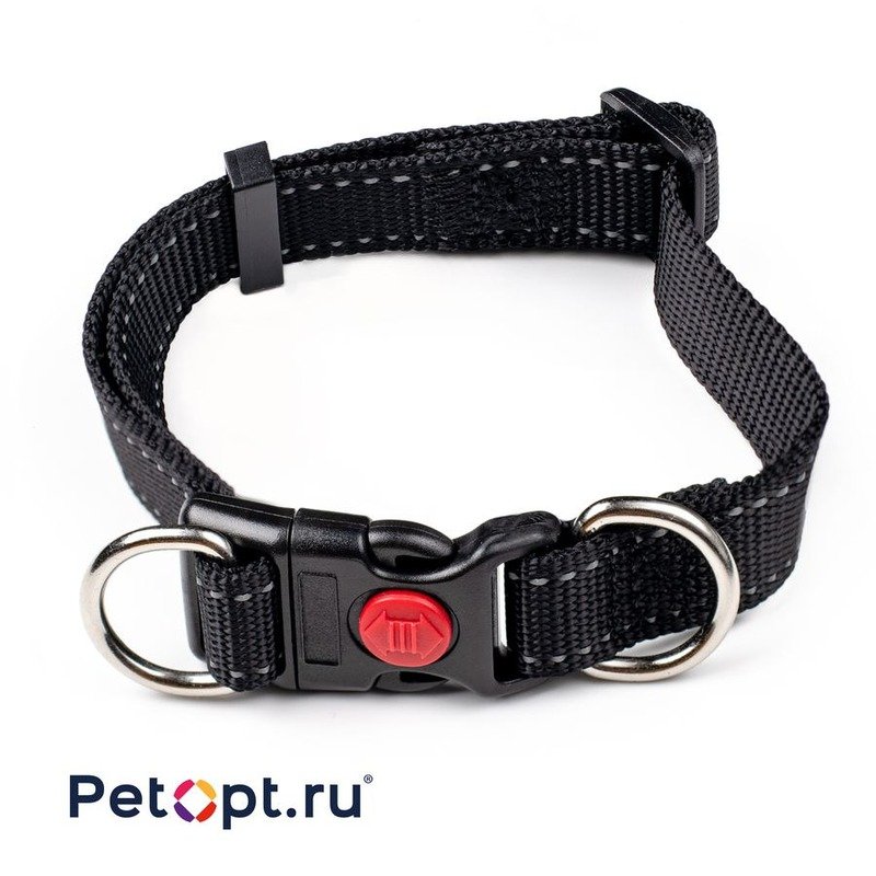 10010082 PetOpt Ошейник для собак светоотражающий нейлон с ручкой Черный S-40-47*45mm. Фастекс метал