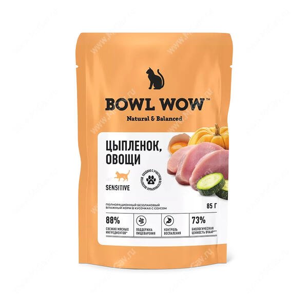 "BOWL WOW" ПАУЧ Д/КОШЕК С ЧУВСТВИТЕЛЬНЫМ ПИЩЕВАР, (КУСОЧКИ В СОУСЕ С ЦЫПЛЕНКОМ И ОВОЩАМИ) 85г 2808