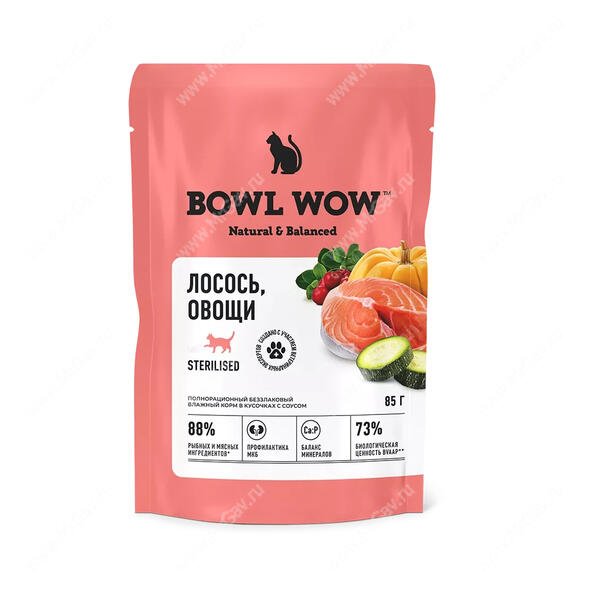 "BOWL WOW" ПАУЧ Д/СТЕРИЛИЗОВАННЫХ КОШЕК (КУСОЧКИ В СОУСЕ С ЛОСОСЕМ И ОВОЩАМИ) 85г 2785