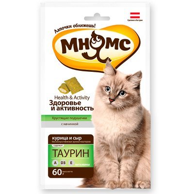 Мнямс: хрустящие подушечки "Здоровье и активность" с курицей и сыром д/кошек 60г