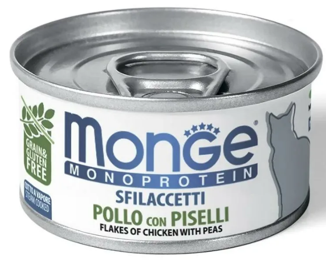 Влажный корм Monge Cat Monoprotein для кошек, мясные хлопья из курицы с горошком, консервы 80 г