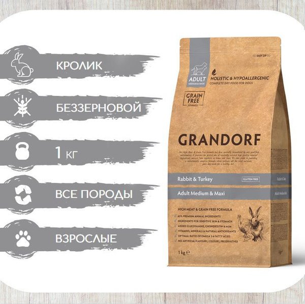 NEW GRANDORF DOG Rabbit & Turkey MED & MAXI (кролик с индейкой для собак средних и круп. пород) 1кг