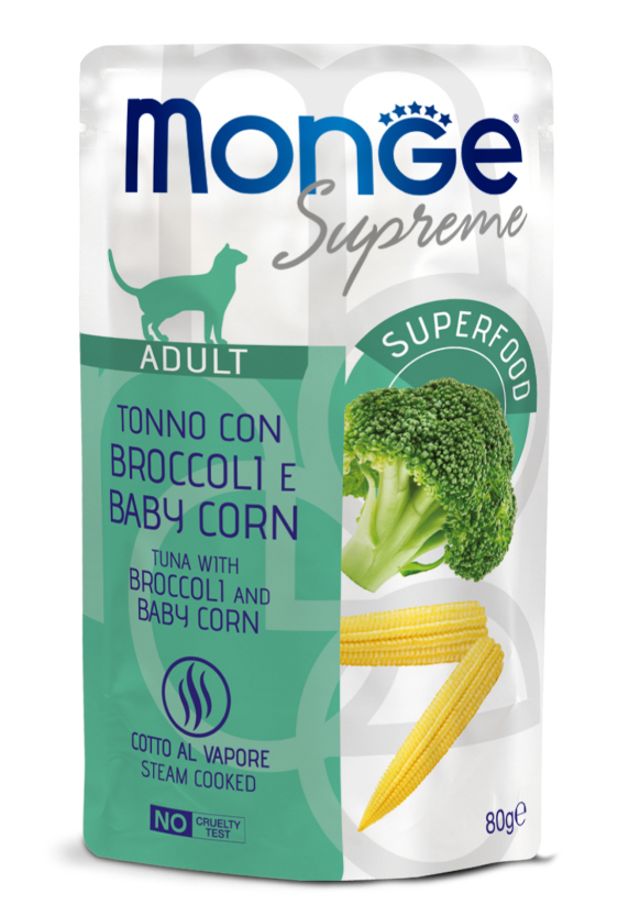 Влажный корм Monge Supreme Adult cat для взрослых кошек с брокколи и мини-кукурузой, паучи 80 г