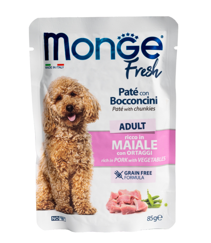 Влажный корм Monge Dog Fresh для взрослых собак, паштет с кусочками свинины и овощами, паучи 85 г