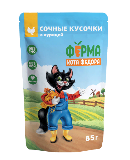 Влажный корм Ферма кота Фёдора сочные кусочки для кошек с курицей 85г