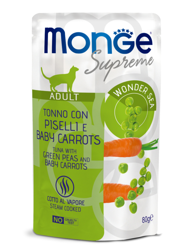 Влажный корм Monge Supreme Adult cat для взрослых кошек с зелёным горошком и мини-морковью, паучи 80