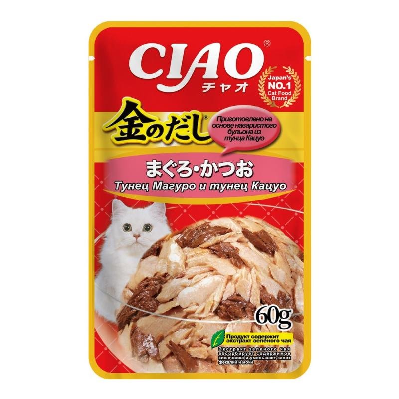INABA CIAO Корм влажный для кошек Kinnodashi Тунец Магуро и тунец Кацуо, пауч 60г