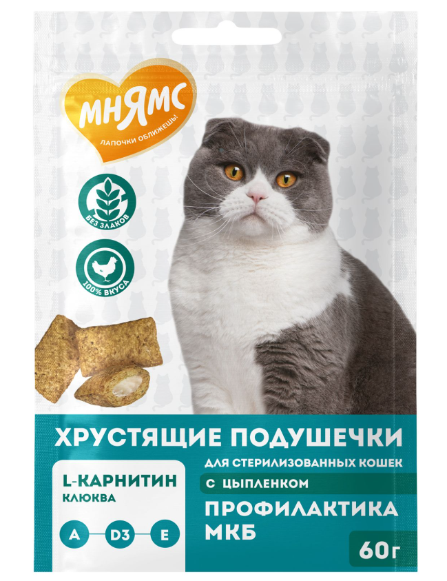 Лакомство Мнямс Хрустящие подушечки для стерилизованных кошек с цыпленком и клюквой "Профилактика МК