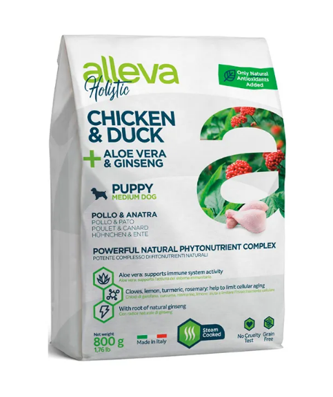 Корм для щенков и юниоров Аллева Холистик с курицей и уткой, алое вера и женьшенем. Медиум 0,8 кг