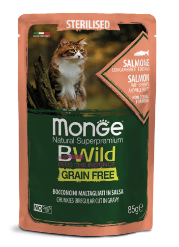 Monge Cat BWild GRAIN FREE паучи из лосося с креветками и овощами для стерилизованных кошек 85г