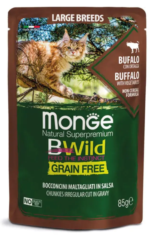 Monge Cat BWild GRAIN FREE паучи из мяса буйвола с овощами для кошек крупных пород 85г
