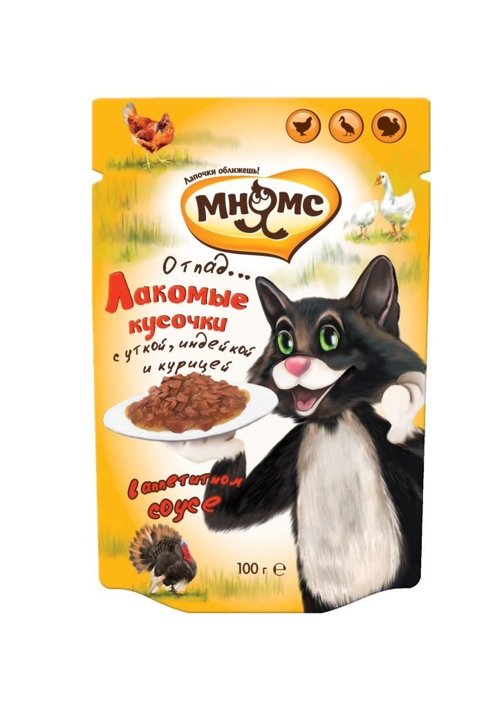 Влажный корм Мнямс Мясные кусочки для кошек с уткой, индейкой и курицей "Мясной карнавал" 85г