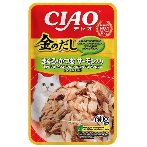 INABA CIAO Корм влажный для кошек Kinnodashi Тунец Магуро и тунец Кацуо с семгой, пауч 60г