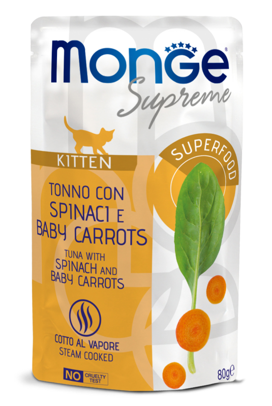 Влажный корм Monge Supreme kitten для котят из тунца со шпинатом и мини-морковью, паучи 80 г