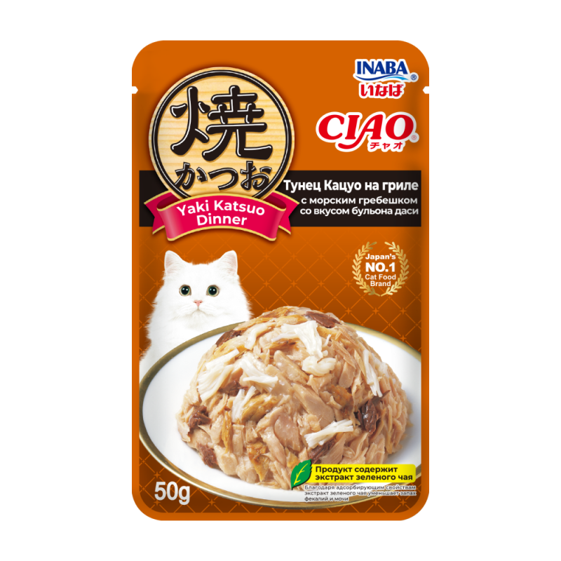 INABA Вл корм д/кошек Yaki Katsuo Dinner Тунец Кацуо на гриле с мор гребеш вкус бульон даси пауч 50г