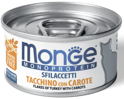 Влажный корм Monge Cat Monoprotein для кошек, мясные хлопья из индейки с морковью, консервы 80 г