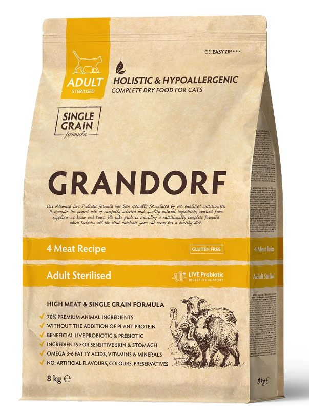 GRANDORF CAT 4 Meat PRIBIOTIC STERILISED (4 мяса с прибиотиками для кошек) 8кг