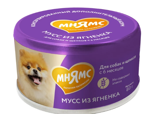 Влажный дополнительный корм Мнямс Мусс из ягненка для собак и щенков старше 6 месяцев 80 г