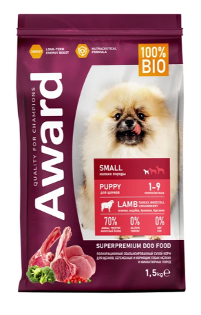 Сухой корм AWARD 1,5кг для щенков от 1 мес, берем/корм. мелких и мин. пород с ягненком и инд