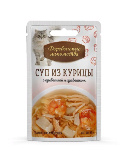 "ДЕРЕВЕНСКИЕ ЛАКОМСТВА" ПАУЧ Д/КОШЕК 35г СУП ИЗ КУРИЦЫ С КРЕВЕТКОЙ И ГРЕБЕШКОМ 74501223