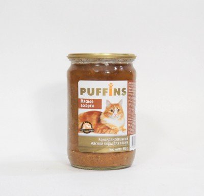 "PUFFINS"  КОНС Д/К 650г (МЯСНОЕ АССОРТИ) СТЕКЛО УЛУЧШ