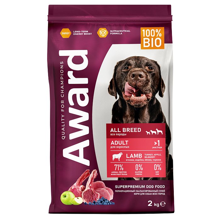 Сухой корм AWARD для взр/собак всех пород с ягненком и индейкой яблока/черники 2кг