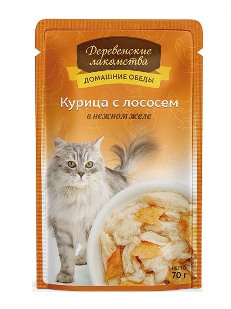 "ДЕРЕВЕНСКИЕ ЛАКОМСТВА" ПАУЧ Д/КОШЕК 70г КУРИЦА С ЛОСОСЕМ В НЕЖНОМ ЖЕЛЕ 74500639