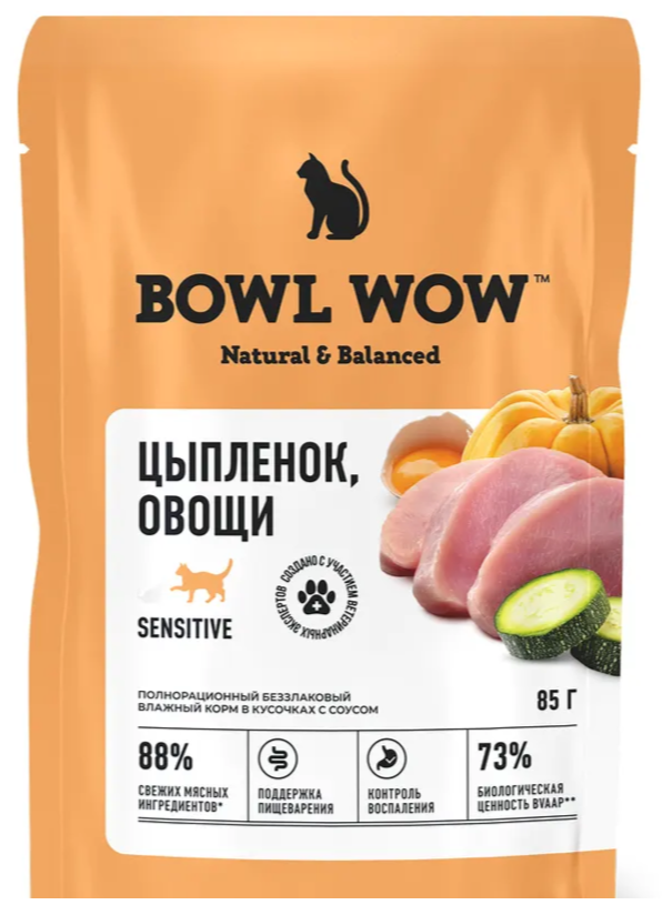 "BOWL WOW" ПАУЧ Д/КОШЕК С ЧУВСТВИТЕЛЬНЫМ ПИЩЕВАР, (КУСОЧКИ В СОУСЕ С ЦЫПЛЕНКОМ И ОВОЩАМИ) 85г 2808