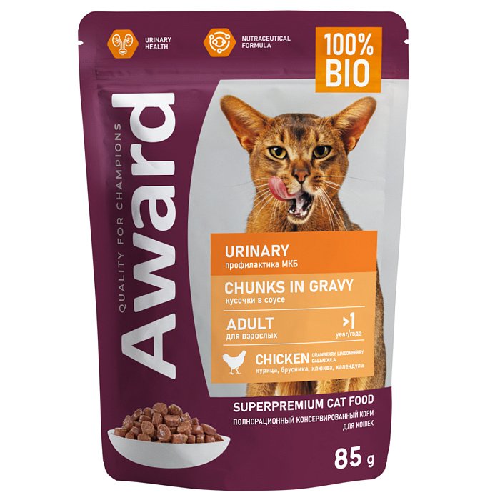 Влажный корм AWARD Urinary для проф моч болезни у взр кош кусочки в соусе 85гр