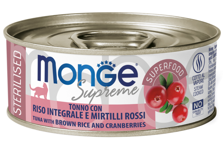 Влажный корм Monge Supreme sterilized для стерилизованных кошек из тунца с бурым рисом и клюквой, ко