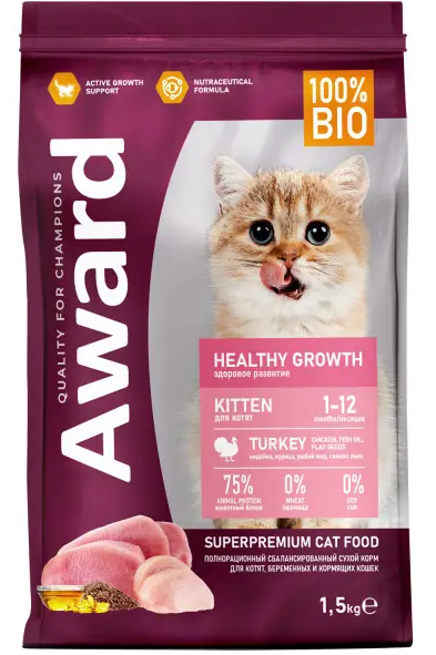 Сухой корм AWARD Healthy growth для котят от 1 месяца, берем/корм кошек с индейкой и кур 1.5кг
