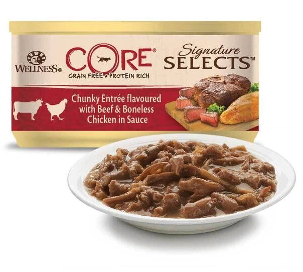 CORE SIGNATURE SELECTS для кошек, из говядины с курицей в виде кусочков в соусе 79 г