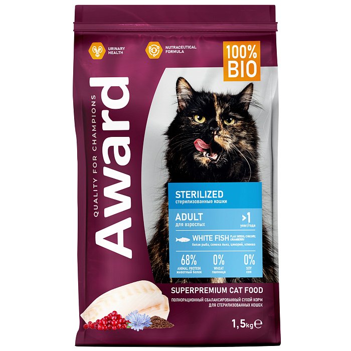 Сухой корм AWARD Sterilized для взр/стерил кошек с белой рыбой 1.5кг