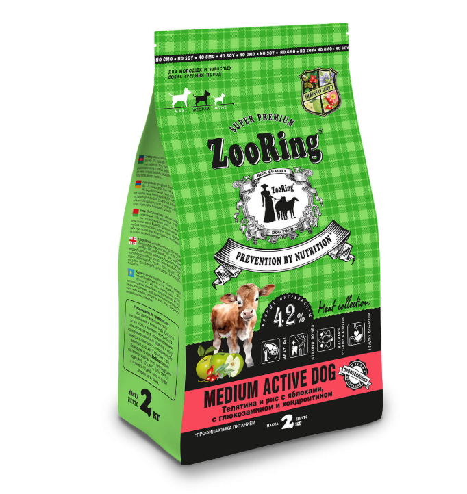 ZooRing Medium Active Dog Телятина и рис с яблоками с глюкозамином и хондроитином 2 кг