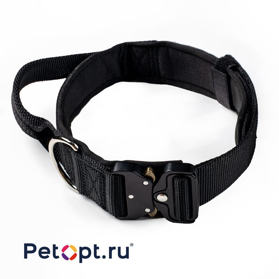 10010088 PetOpt Ошейник для собак светоотражающий нейлон с ручкой Черный L-54-61*45mm. Фастекс метал