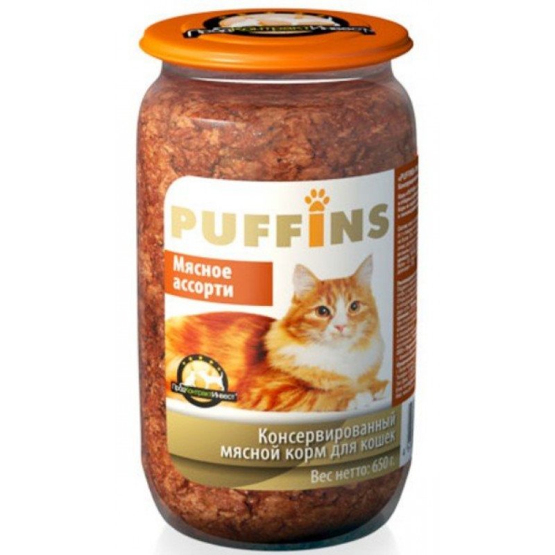 "PUFFINS"  КОНС Д/К 650г (МЯСНОЕ АССОРТИ) СТЕКЛО УЛУЧШ