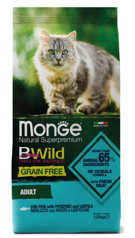 Сухой корм Monge Cat BWild GRAIN FREE с треской для взросл.кошек 1,5кг