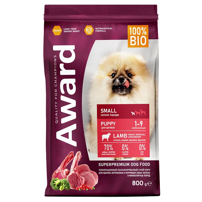 Сухой корм AWARD 1,5кг для щенков от 1 мес, берем/корм. мелких и мин. пород с ягненком и инд