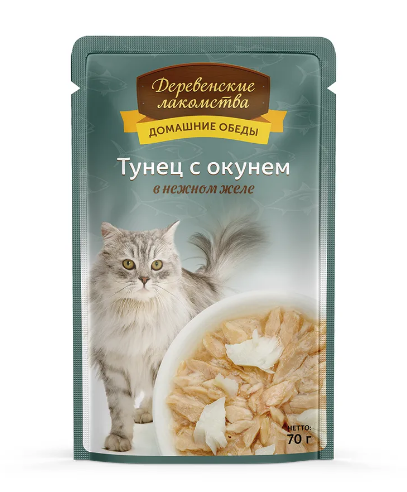 "ДЕРЕВЕНСКИЕ ЛАКОМСТВА" ПАУЧ Д/КОШЕК 70г ТУНЕЦ С ОКУНЕМ В НЕЖНОМ ЖЕЛЕ 74500608