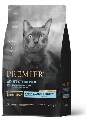 Premier Cat Salmon & Turkey STERILISED (Свежее филе лосося с индейкой для кошек) 400 г