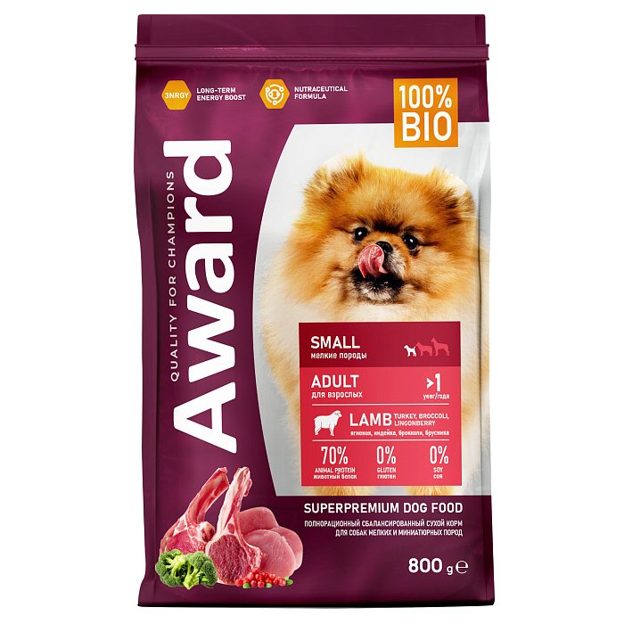 Сухой корм AWARD 800гр для взрослых собак мелких и мини пород с ягненком и индейкой с добавлением б