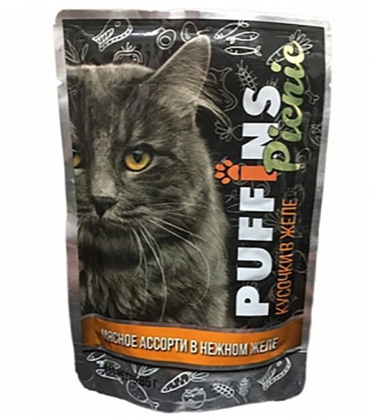 "PUFFINS" PICNIC ПАУЧ Д/КОШЕК 85г (МЯСНОЕ АССОРТИ В ЖЕЛЕ) 9480