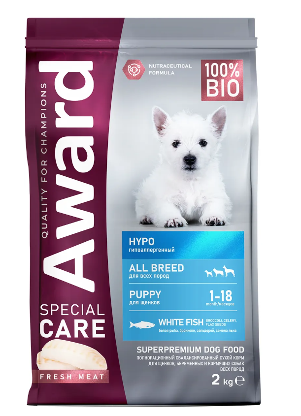 AWARD SPECIAL CARE HYPO PUPPY с бел рыбой для щен, берем и кормящ собак всех пород, гипоал 2 кг