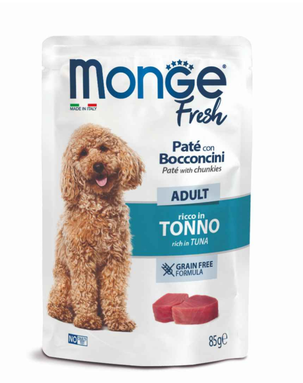 Влажный корм Monge Dog Fresh для взрослых собак, паштет с кусочками тунца, паучи 85 г