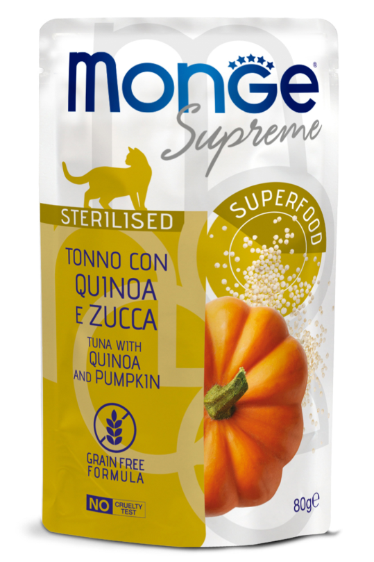 Влажный корм Monge Supreme sterilized cat для стерилизованных кошек из тунца с киноа и тыквой, паучи