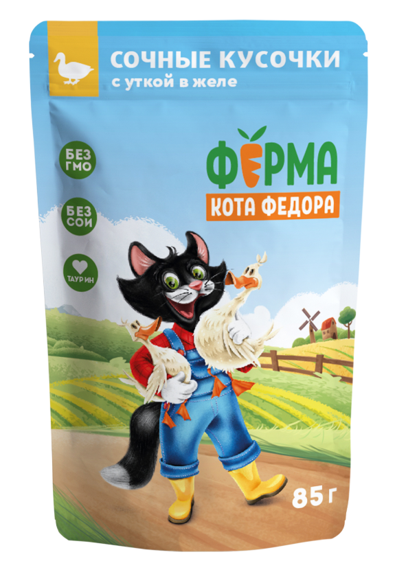 Влажный корм Ферма кота Фёдора сочные кусочки в желе для кошек с уткой 85г