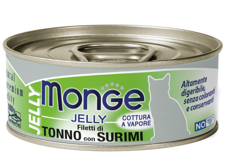 Влажный корм Monge jelly Adult cat для взрослых кошек с желтоперым тунцом и сурими, консервы 80 г